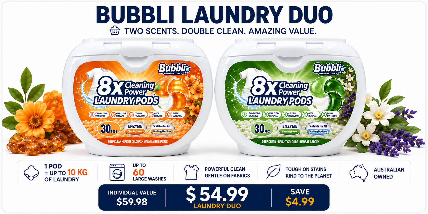 Bubbli Laundry Duo with Warm Amber Breeze and Herbal Garden laundry pods