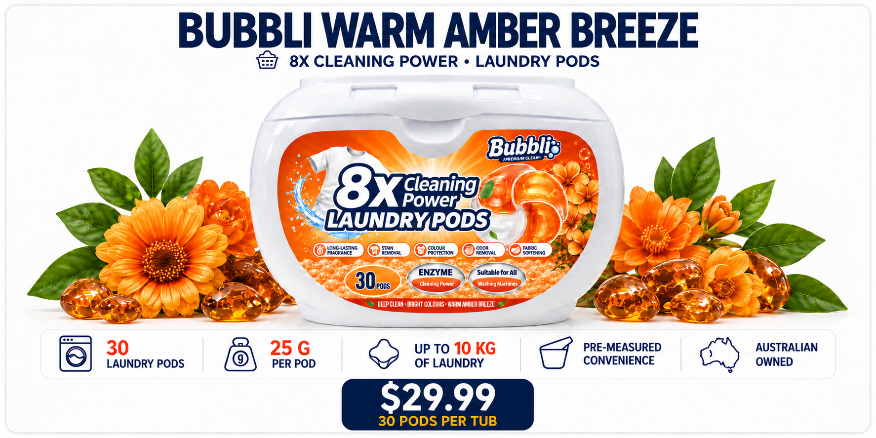 Bubbli Warm Amber Breeze Laundry Pods, 30 pods per tub, $29.99.